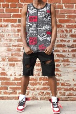 Men's Newspaper Print Graphic Tank Top -Victorious 0001s 0000 TT101 BLACK 1