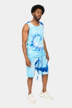 Pastel Contrast Swirl Tie Dye Cotton Tank Top Shorts Set -Victorious 0003 JS58 TT88 BLU 4