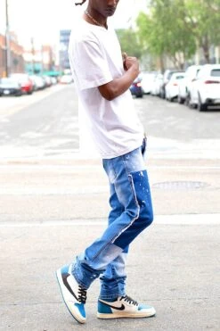 Men's Stacked Fit Repaired Paint Splatter Denim Jeans -Victorious 0004 DL1475 INDIGO 5