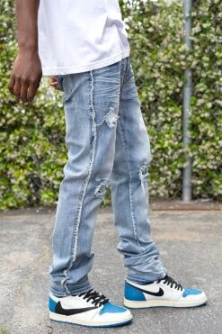 Men's Stacked Fit Raw Edge Distressed Denim Jeans -Victorious 0005 DL1483 INDIGO 6