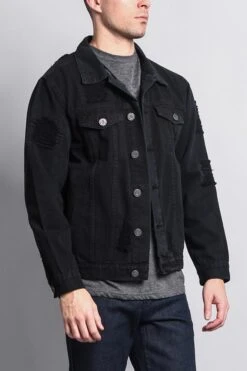 Men's Basic Ripped Jean Jacket -Victorious DK102 BLK 4