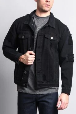 Men's Basic Ripped Jean Jacket -Victorious DK102 BLK 5