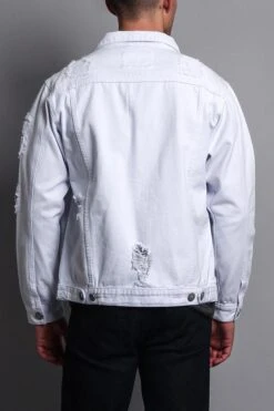 Men's Basic Ripped Jean Jacket -Victorious DK102 WHT 3