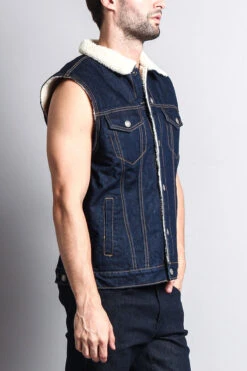 Faux Shearling Denim Vest -Victorious DK106 BLU 3