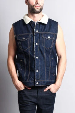 Faux Shearling Denim Vest -Victorious DK106 BLU 5