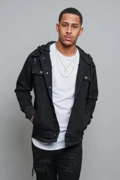 Layered Look Distressed Denim Jacket -Victorious DK140 BLK 1