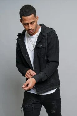 Layered Look Distressed Denim Jacket -Victorious DK140 BLK 2