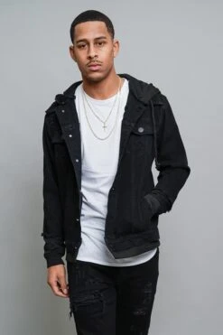 Layered Look Distressed Denim Jacket -Victorious DK140 BLK 5