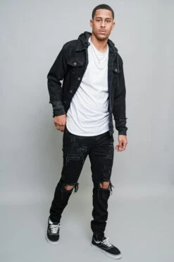 Layered Look Distressed Denim Jacket -Victorious DK140 BLK 6