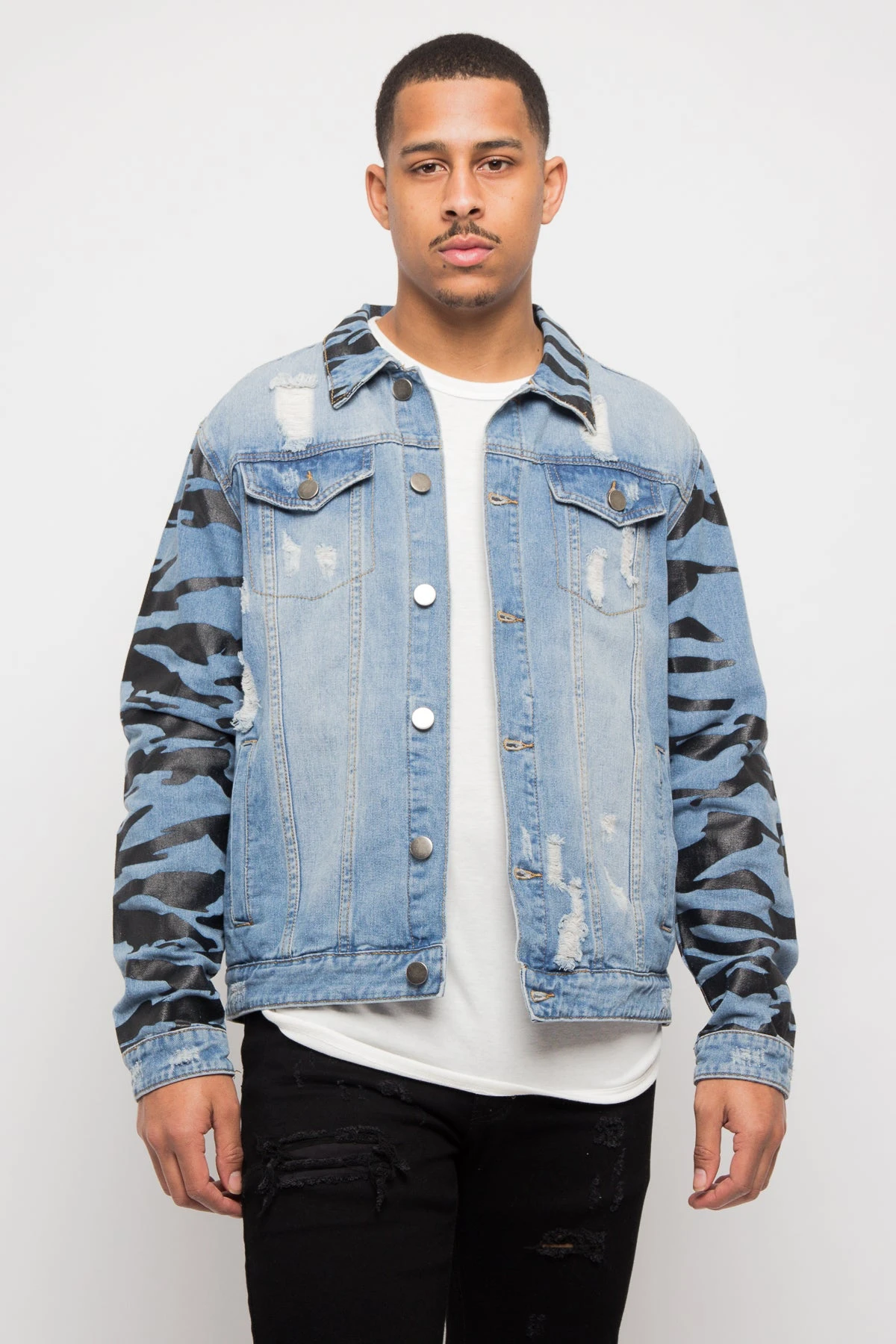Tiger Striped Sleeve Denim Jacket 3 Tiger Striped Sleeve Denim Jacket