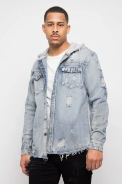Hooded Distressed Denim Button Up Shirt -Victorious DK162 IND 2