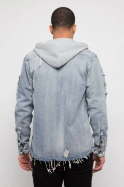 Hooded Distressed Denim Button Up Shirt -Victorious DK162 IND 3
