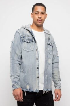 Hooded Distressed Denim Button Up Shirt -Victorious DK162 IND 4