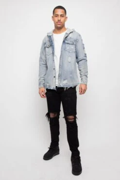 Hooded Distressed Denim Button Up Shirt -Victorious DK162 IND 5