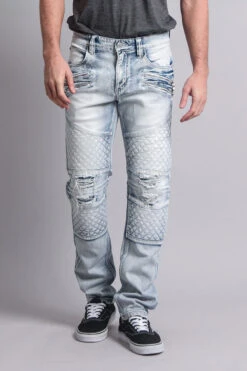 Quilted Ripped Washed Biker Jeans -Victorious DL1033 ICE 5