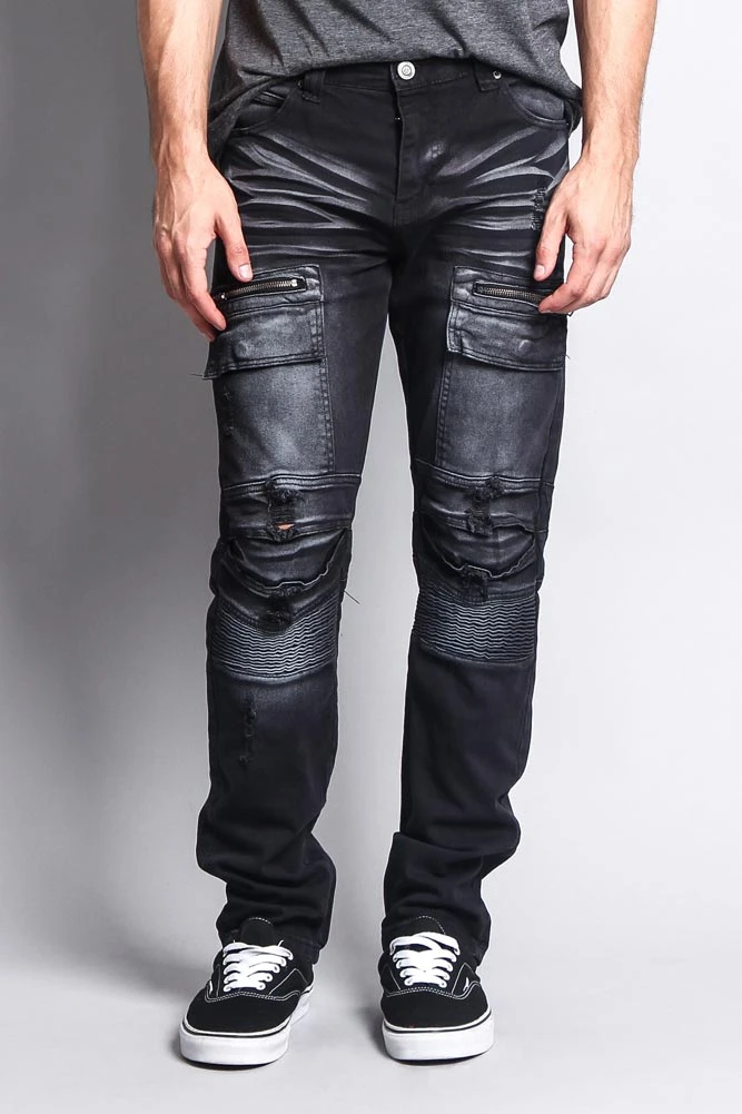 Faded Zipper Cut Cargo Pocket Biker Jeans 5 Faded Zipper Cut Cargo Pocket Biker Jeans - Image 3