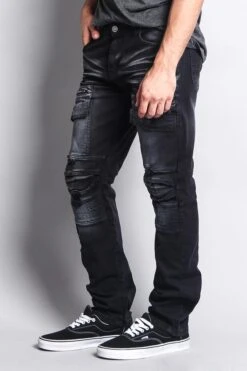 Faded Zipper Cut Cargo Pocket Biker Jeans 20 Faded Zipper Cut Cargo Pocket Biker Jeans -Victorious DL1058 BLK 2