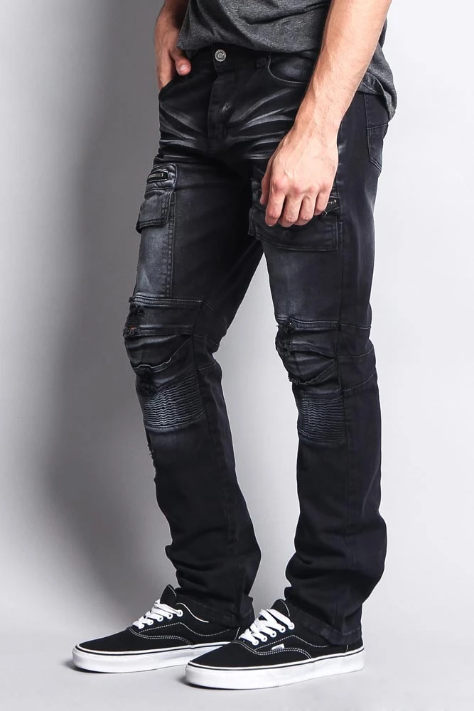 Faded Zipper Cut Cargo Pocket Biker Jeans 6 Faded Zipper Cut Cargo Pocket Biker Jeans - Image 4
