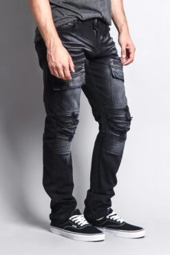 Faded Zipper Cut Cargo Pocket Biker Jeans 22 Faded Zipper Cut Cargo Pocket Biker Jeans -Victorious DL1058 BLK 4