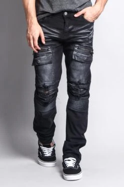 Faded Zipper Cut Cargo Pocket Biker Jeans 23 Faded Zipper Cut Cargo Pocket Biker Jeans -Victorious DL1058 BLK 5