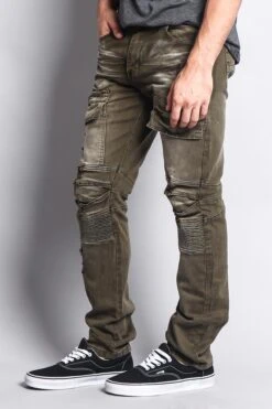 Faded Zipper Cut Cargo Pocket Biker Jeans 24 Faded Zipper Cut Cargo Pocket Biker Jeans -Victorious DL1058 OLV 2