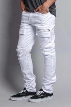 Faded Zipper Cut Cargo Pocket Biker Jeans 28 Faded Zipper Cut Cargo Pocket Biker Jeans -Victorious DL1058 WHT 2