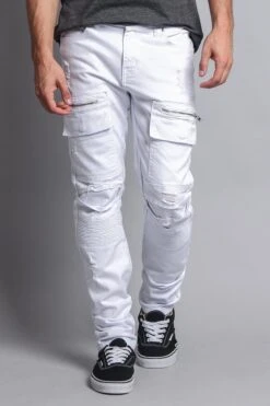 Faded Zipper Cut Cargo Pocket Biker Jeans 31 Faded Zipper Cut Cargo Pocket Biker Jeans -Victorious DL1058 WHT 5