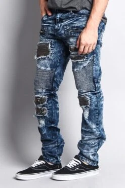 Stain Washed Contrast Patching Twill Biker Jeans -Victorious DL1089 DKI 2