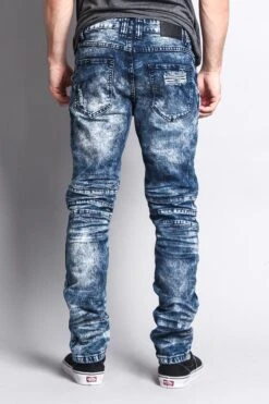 Stain Washed Contrast Patching Twill Biker Jeans -Victorious DL1089 DKI 3