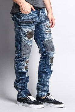Stain Washed Contrast Patching Twill Biker Jeans -Victorious DL1089 DKI 4