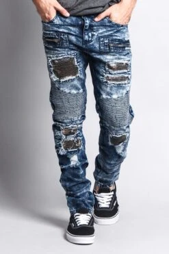 Stain Washed Contrast Patching Twill Biker Jeans -Victorious DL1089 DKI 5