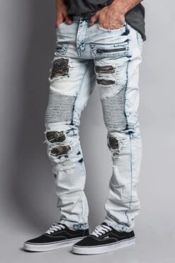 Stain Washed Contrast Patching Twill Biker Jeans -Victorious DL1089 LTI 2