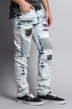 Stain Washed Contrast Patching Twill Biker Jeans -Victorious DL1089 LTI 4