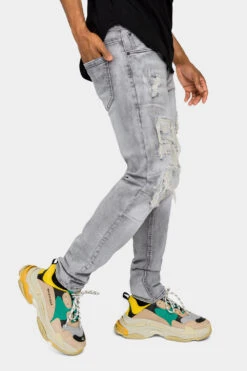 Faded Ripped Repair Denim Jeans -Victorious DL1119 GRY 4
