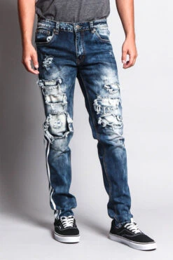 Men's Distressed Double Striped Skinny Jeans -Victorious DL1140 INW 1