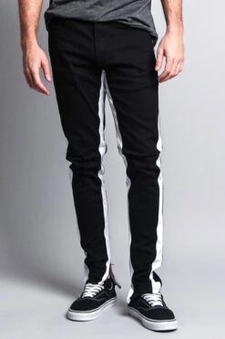 Track Style Zippered Skinny Jean With Accent Band -Victorious DL1164 BLK 1