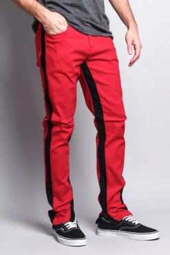 Track Style Zippered Skinny Jean With Accent Band -Victorious DL1164 RED 4