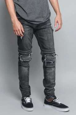 Studded Biker Denim Jeans 15 Studded Biker Denim Jeans -Victorious DL1173 BLK 4
