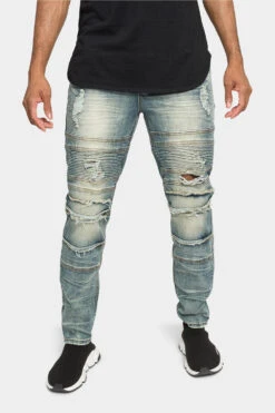 Distressed Stacked Biker Denim Jeans -Victorious DL1239 SAH 1