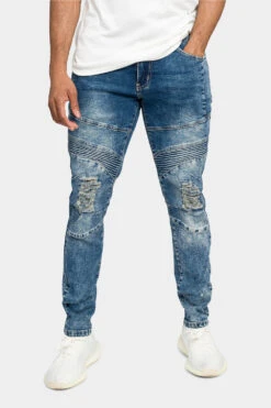 Distressed Stitch Stacked Moto Biker Jeans