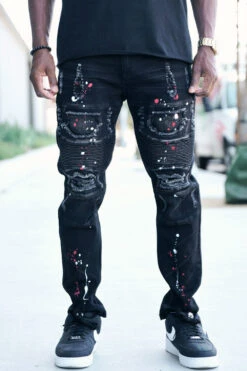 Stacked Paint Splatter Biker Jeans -Victorious DL1418 BLK 01