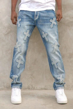 Men's Denim Cross Patched Washed Denim Jeans -Victorious DL1461 IND 3