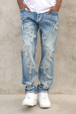 Men's Denim Cross Patched Washed Denim Jeans -Victorious DL1461 IND 4