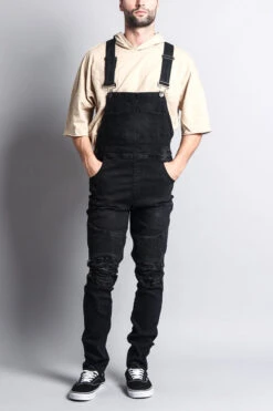 Men's Distressed Denim Overalls