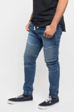 Acid Wash Biker Denim Jogger Pants -Victorious JG873 DKI 2