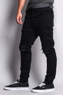 Zipper Knee Biker Twill Jogger Pants -Victorious JG883 BLK 2