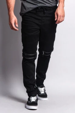 Zipper Knee Biker Twill Jogger Pants -Victorious JG883 BLK 5