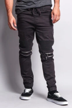 Zipper Knee Biker Twill Jogger Pants -Victorious JG883 CHC 1