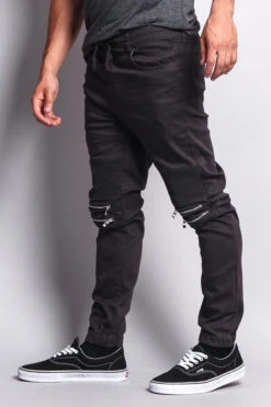 Zipper Knee Biker Twill Jogger Pants -Victorious JG883 CHC 2