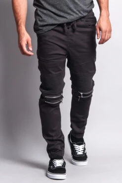 Zipper Knee Biker Twill Jogger Pants -Victorious JG883 CHC 5